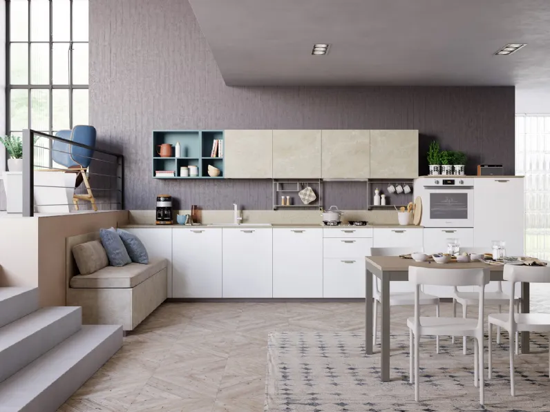 Cucina Moderna Tablet Wood lineare in Rovere Bianco e melaminico effetto marmo di Creo
