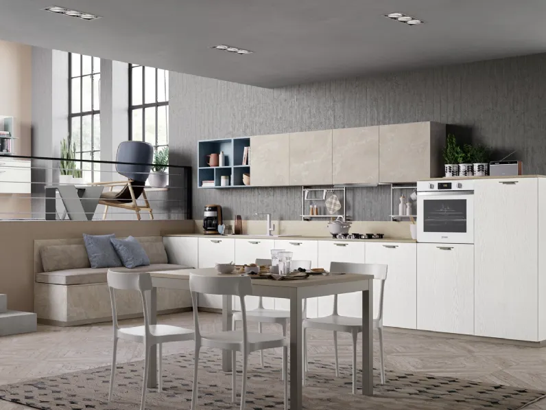 Cucina Moderna Tablet Wood lineare in Rovere Bianco e melaminico effetto marmo di Creo