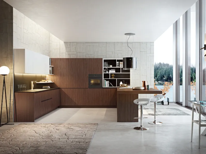 Cucina Moderna angolare con penisola Cuka composizione 03 in legno impiallacciato e laccato opaco di Di Iorio