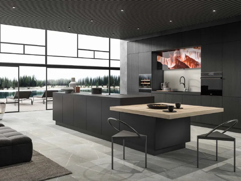 Cucina Moderna con isola Cuka composizione 05 in legno impiallacciato e laccato opaco di Di Iorio