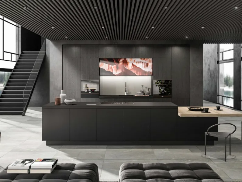 Cucina Moderna con isola Cuka composizione 06 in legno impiallacciato e laccato opaco di Di Iorio