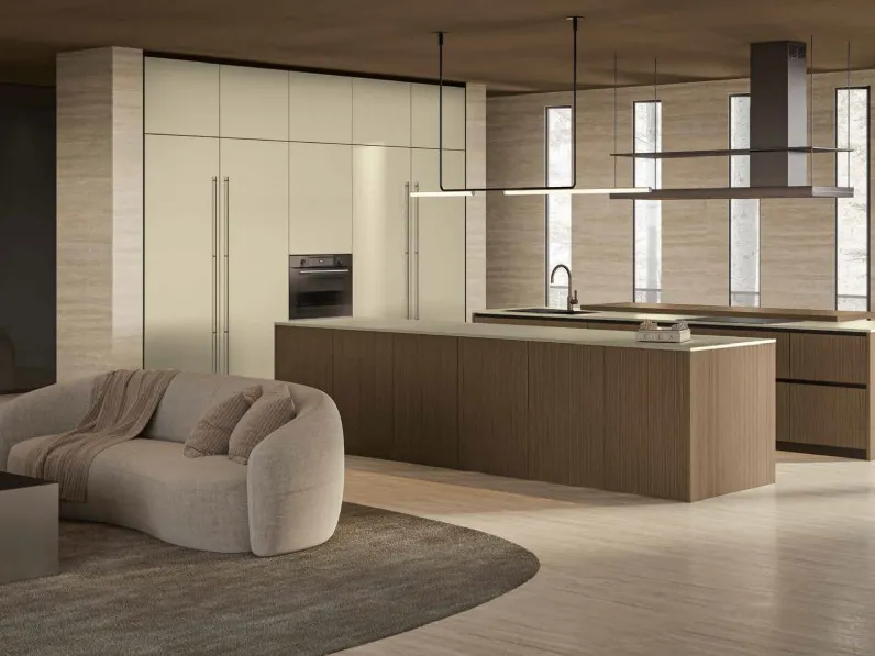 Cucina Moderna in Fenix Oro Cortez con isola in Rovere Daytona Game di Arrex