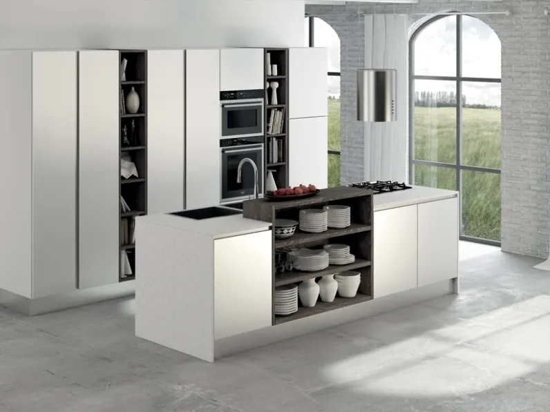 Cucina Moderna con isola City composizione 01 in HPL Bianco di Di Iorio