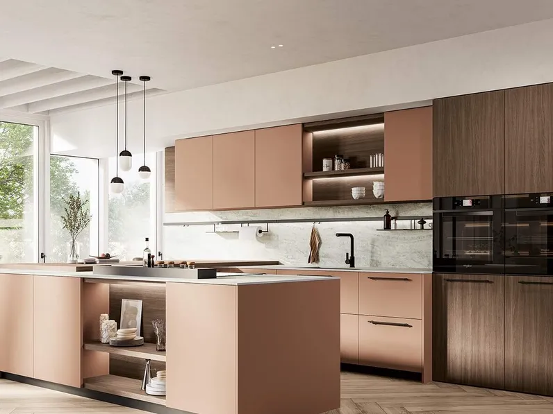 Cucina Moderna con penisola Domino Composizione 02 in laccato rosa petalo di Prima Cucine