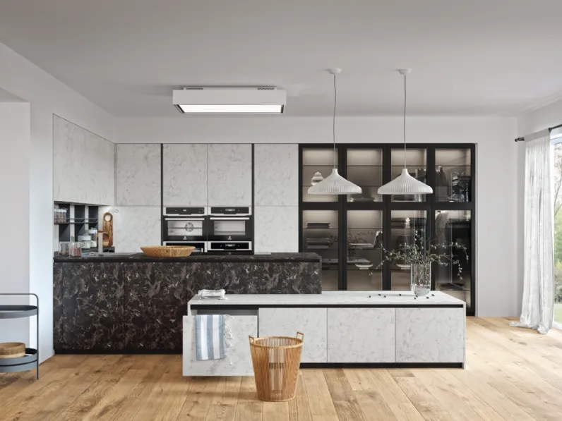 Cucina Moderna con penisola Energy-Plana-Sky comp 06 in Pietra Bianca e Pietra Nera di Lyons Cucine