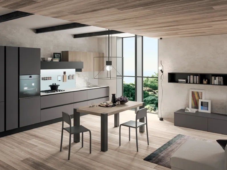 Cucina Moderna lineare Erika in LPL Ombra con profilo Nero e Rovere Brugès di Aran