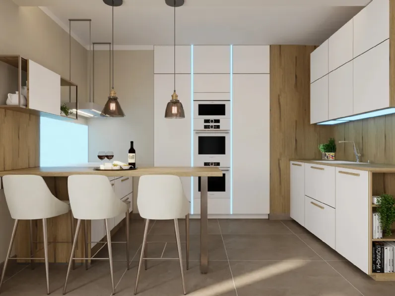 Cucina Moderna con penisola Flair in laccato e rovere di Life Cucine