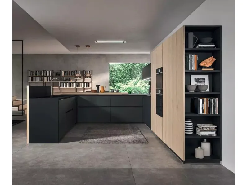 Cucina Moderna con penisola Time 04 in vetro Nero opaco e impiallacciato Rovere nordico nodato di Gentili Cucine