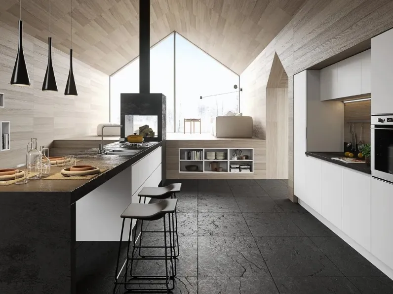 Cucina Moderna con penisola DeSign 04 in laminato fenix bianco kos di Gicinque