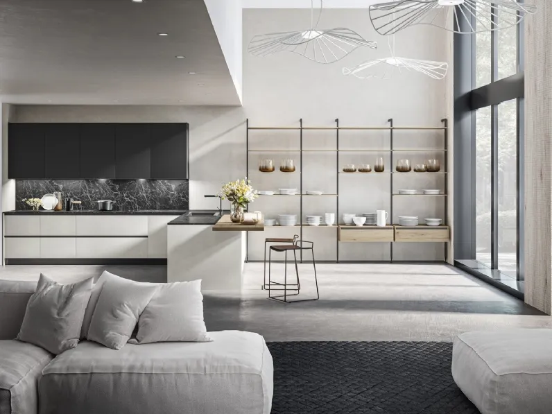 Cucina Moderna con penisola Infinity 01 in laminato effetto malta e laccato nero con top in pietra nera di Gicinque