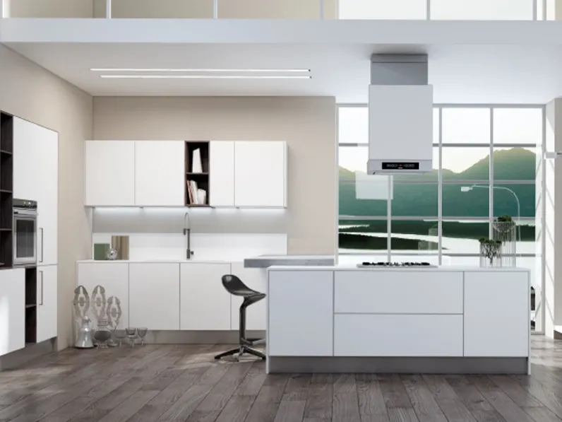 Cucina Moderna con isola Gliss composizione 01 in laminato Bianco di Di Iorio