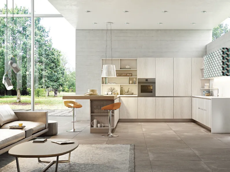 Cucina Moderna angolare con penisola Gliss composizione 06 in melaminico con pensili decorati di Di Iorio