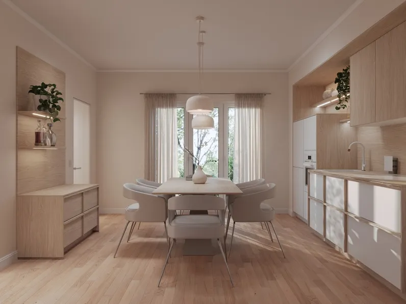 Cucina Moderna lineare Haiku in laccato seta e laminato rovere di Life Cucine