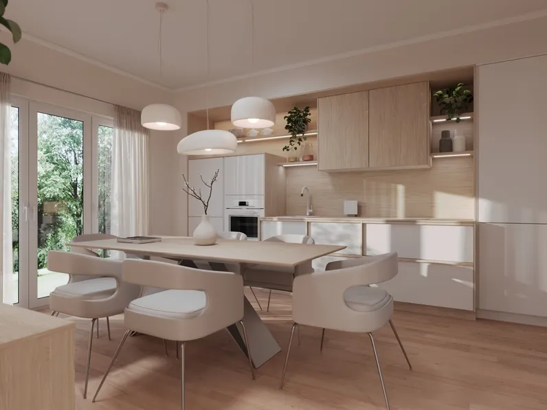 Cucina Moderna lineare Haiku in laccato seta e laminato rovere di Life Cucine