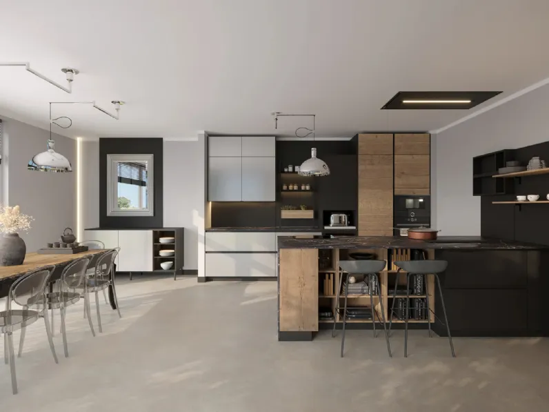 Cucina Moderna con penisola Havana Steel di Life Cucine