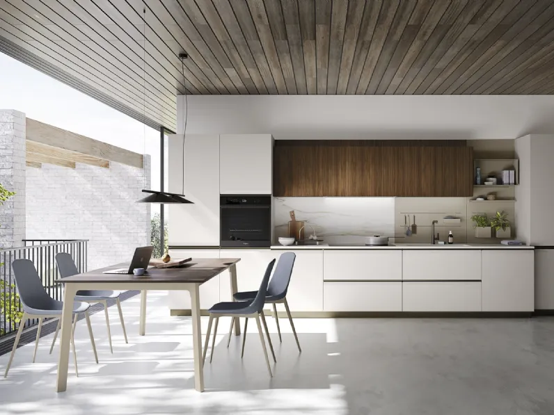 Cucina Moderna lineare K10 003 in laccato e cannettato noce di Ar-due