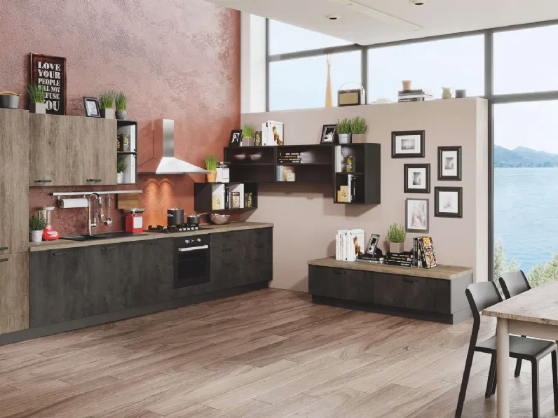 Cucina Moderna Kira 06 Cemento Ardesia e Legno Naturale di Net Cucine