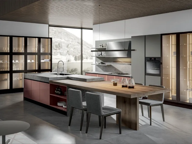 Cucina Moderna Klee in laccato Rosa con isola di Home Cucine