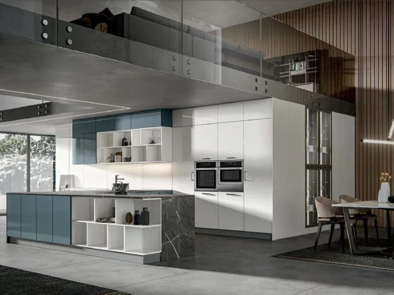 Cucina Moderna Klee con penisola Navy e Seta di Home Cucine