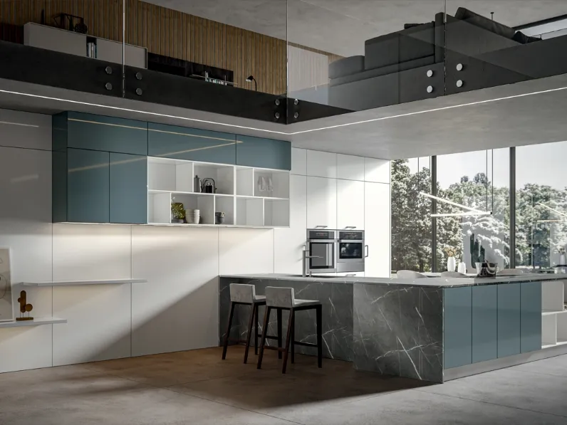 Cucina Moderna Klee con penisola Navy e Seta di Home Cucine