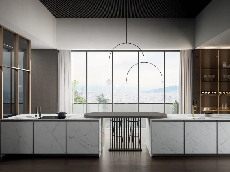 Cucina Moderna in laminam statuarietto con penisola Kronos di Arredo3