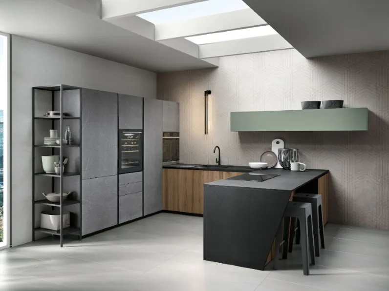 Cucina Moderna con penisola Lab 2 in essenza legno e effetto pietra di Cucinesse