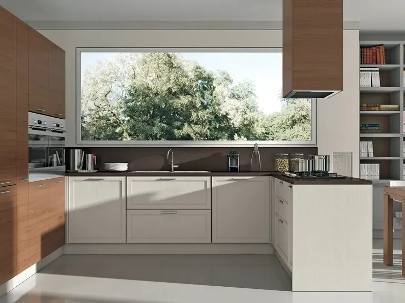 Cucina Moderna con penisola bicolore in laccato bianco opaco e legno naturale Melograno composizione 05 di Le Fablier