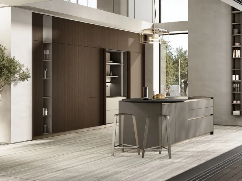 Cucina Moderna con isola Lungomare Plus Cannettato 04 in laccato opaco e legno di Colombini Casa Artec