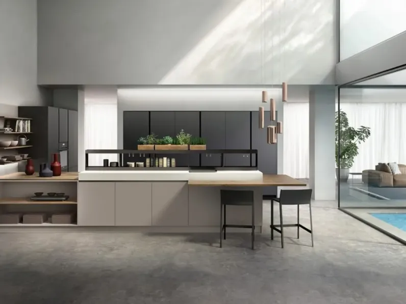 Cucina Moderna con penisola Kira e Sigma comp 06 in Grigio Minerale di Lyons Cucine
