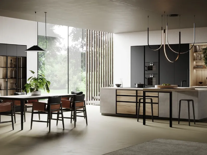 Cucina Moderna con isola Ménta in bilaminato Beton Giove, laminato PET Nero Onice e bilaminato Rovere di Miton