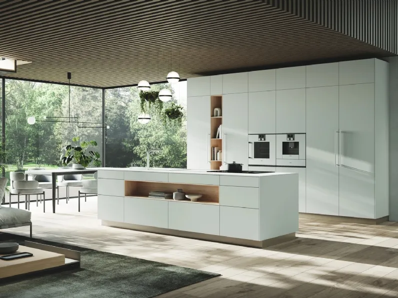 Cucina Moderna con isola Ménta in laminato PET opaco Bianco Nordico di Miton