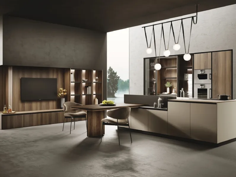 Cucina Moderna con isola Ménta in laminato PET opaco Creta di Miton