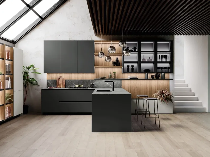 Cucina Moderna con penisola Ménta in bilaminato Grigio Medio di Miton