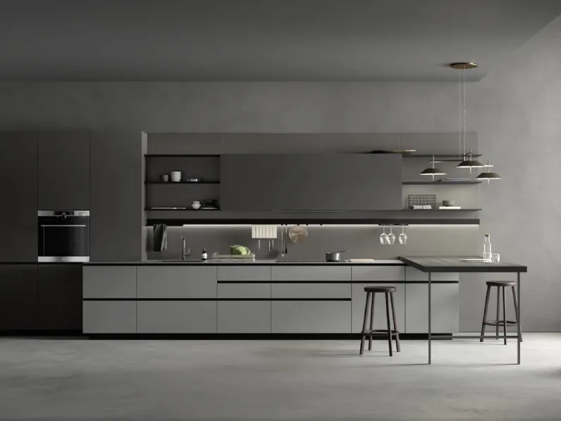 Cucina Moderna in Fenix Grigio con penisola in materico Larice Nero M2 Linea di Meson's Cucine
