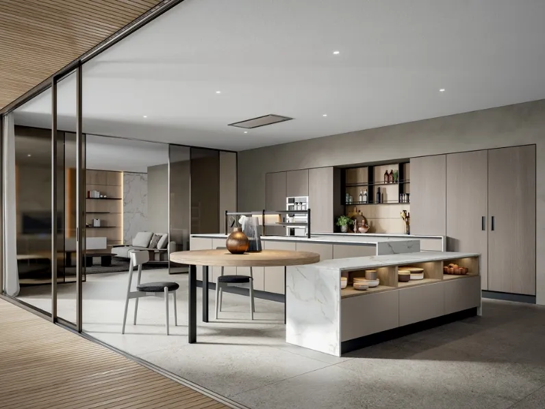 Cucina Moderna Mela con isola in melaminico con top Pandora Calacatta di Home Cucine
