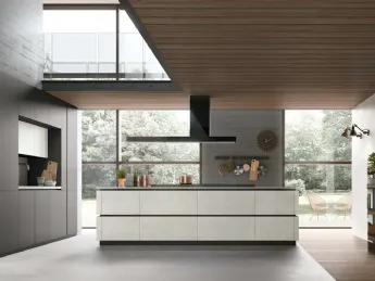 Cucina Moderne Metropolis v10 con isola in materico Cemento Bianco di Stosa