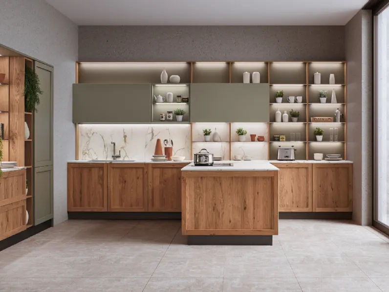 Cucina Moderna con penisola Milano 02 in Rovere e laccato Verde di Veneta Cucine