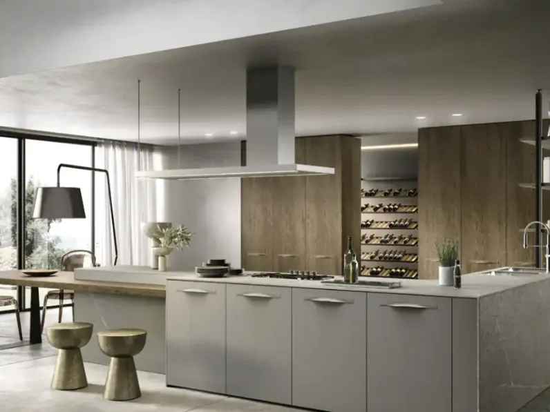 Cucina Moderna con isola Moon 01 in laccato pietra e rovere yuta di Moretti Cucine