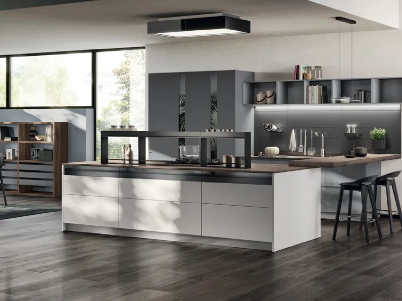 Cucina Moderna Motus in laccato Grigio Airone e Grigio Vulcano di Scavolini