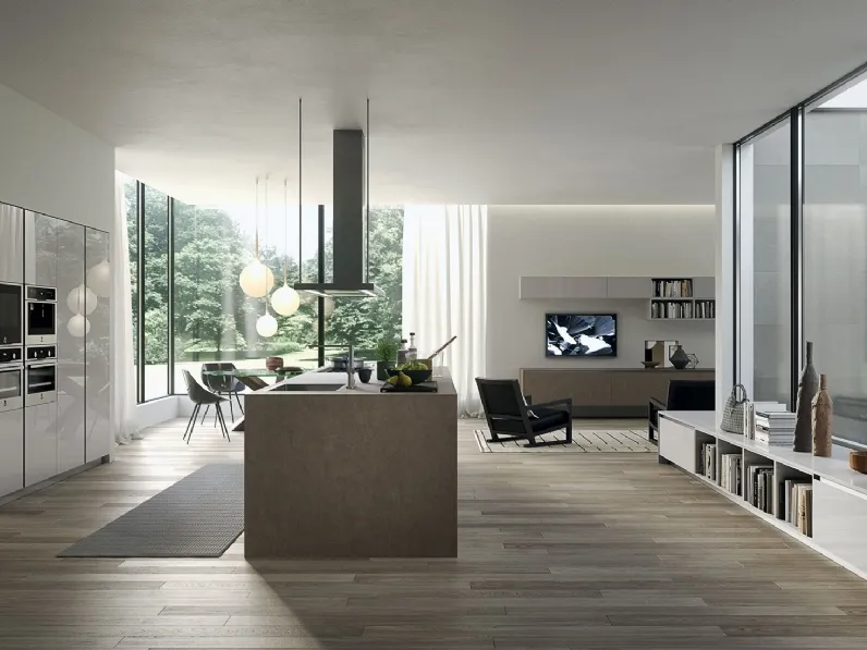 Cucina Moderna con isola MyGlass 04 in vetro lucido e gres di Gicinque