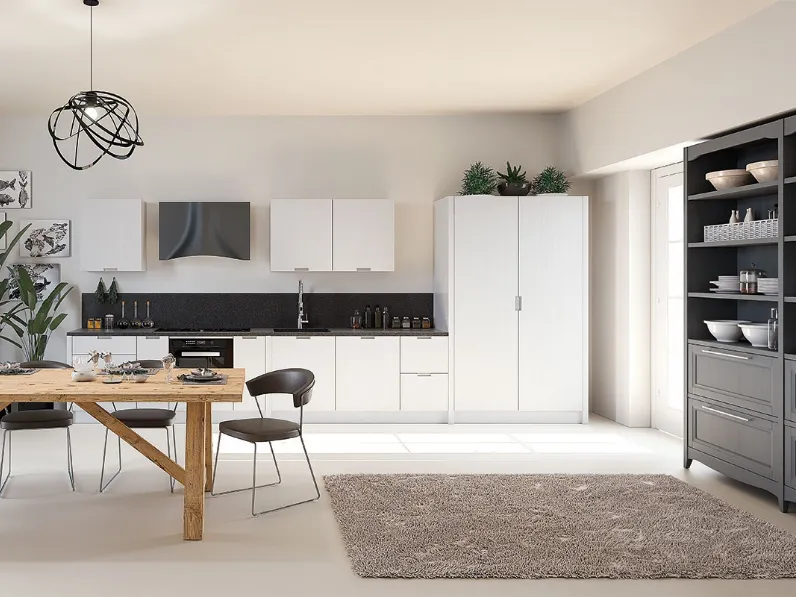 Cucina Moderna in legno con finitura bianca in contrasto con il top nero in quarzo NewOld di Tempora Country