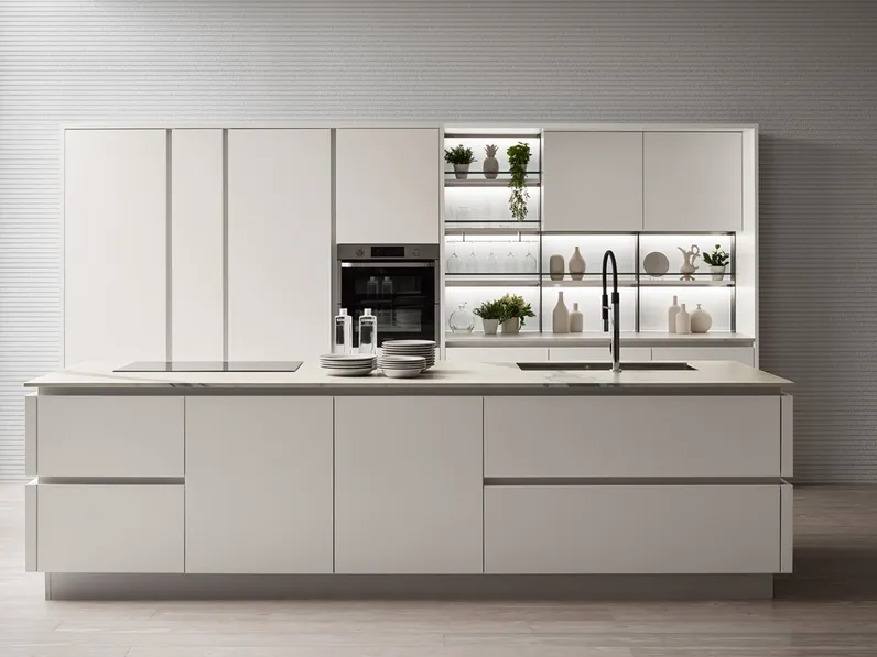 Cucina Moderna Oyster 02 con isola in laccato opaco Bianco Puro di Veneta Cucine