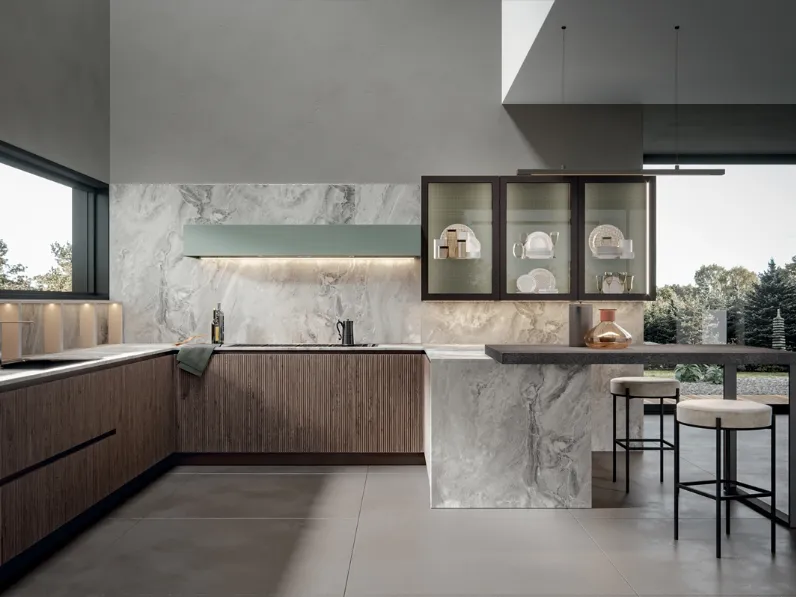 Cucina Moderna Palù con penisola in PVC cannettato di Home Cucine