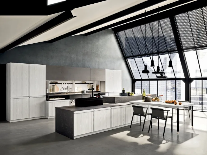 Cucina Moderna con isola Pepper in Larice Bianco spazzolato e laminam Greco Nero di Composit