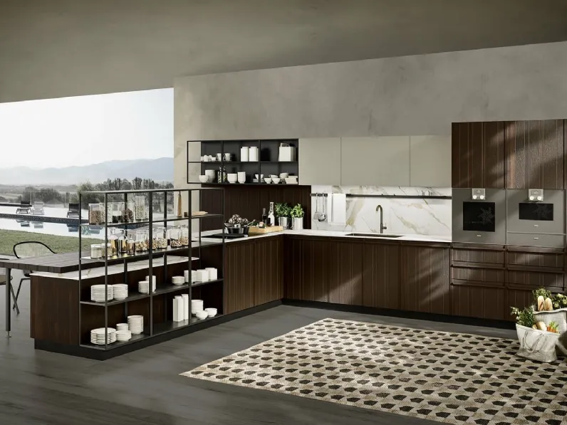 Cucina Moderna con penisola Pepper Rovere Termotrattato Dogato e Fenix Castoro Ottawa con top in laminam Calacatta Oro di Composit