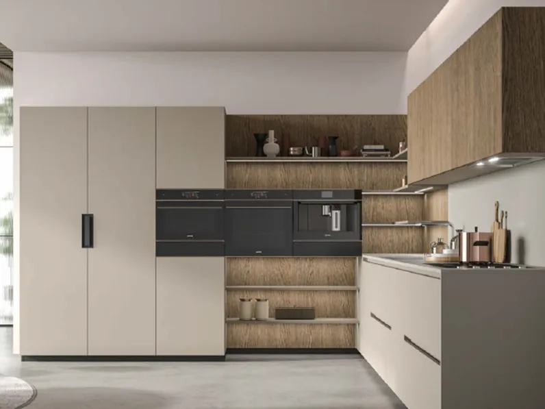 Cucina Moderna ad angolo Petty composizione 02 in Pet Tortora e Polimerico effetto legno di Di Iorio