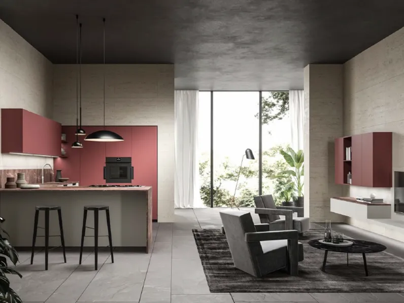 Cucina Moderna con penisola Petty composizione 03 in Pet Bordeaux e Tortora di Di Iorio