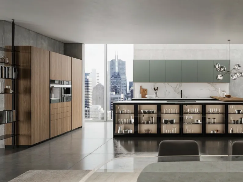 Cucina Moderna con penisola Petty composizione 04 in Pet Verde e Polimerico effetto legno di Di Iorio