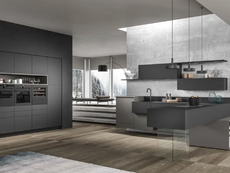 Cucina Moderna con penisola Petty composizione 05 in Pet Grigio e Marrone di Di Iorio