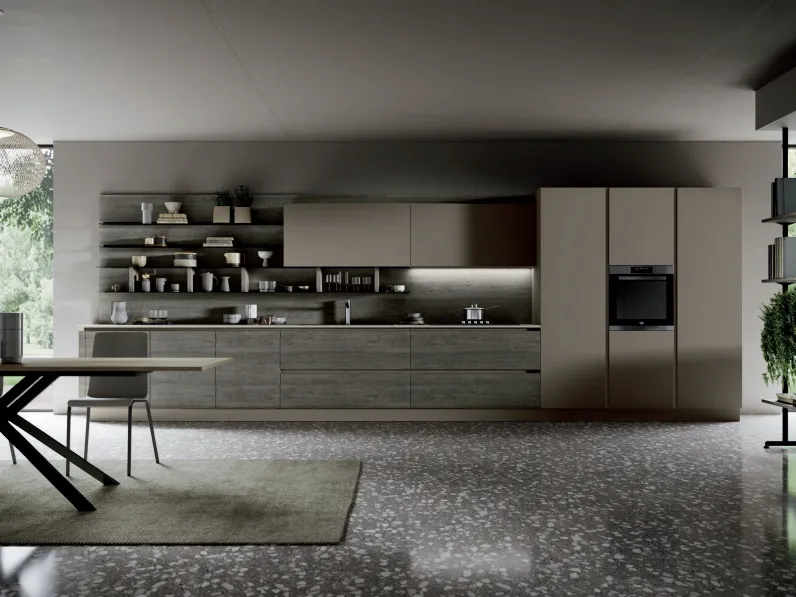 Cucina Moderna lineare Piana Tropea in melaminico Rovere grigio, laccato Tortora opaco e top in laminato Graniglia chiara di Imab